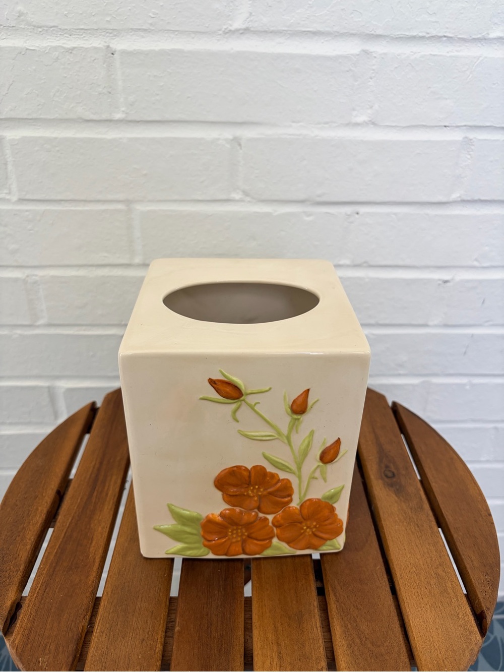 Cream Ceramic Tissue Box Cover with Orange Floral Relief
